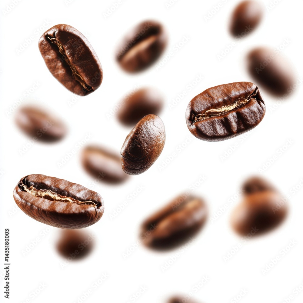 Aromatic coffee beans floating in air on a white background creating a dynamic and inviting visual for coffee lovers with a clean minimalist style and soft focus Aromatic coffee beans floating in air on a white background creating a dynamic and inviting visual for coffee lovers with a clean minimalist style and soft focus