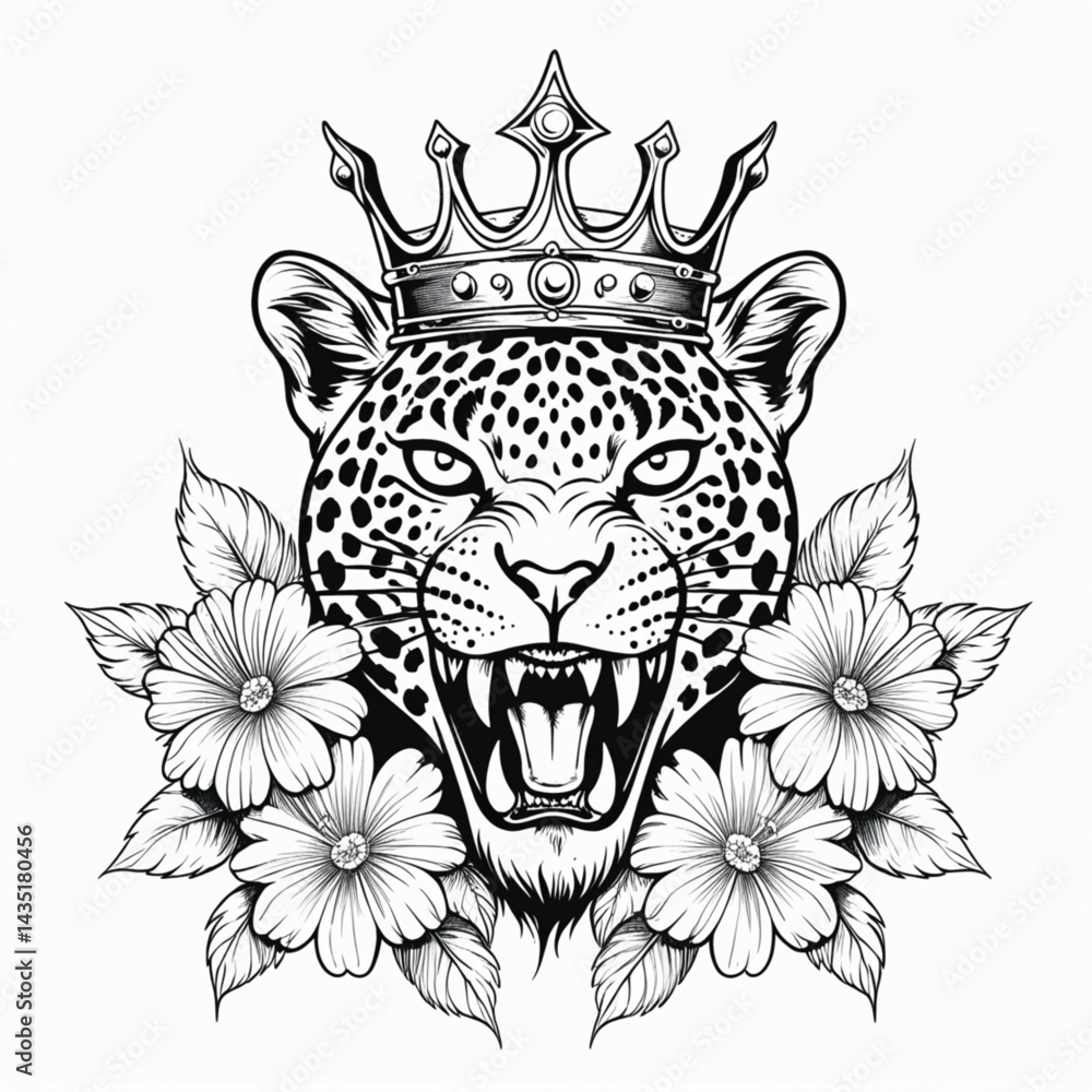 Obraz premium Illustration of a leopard's head wearing a crown with flowers around it generate AI.
