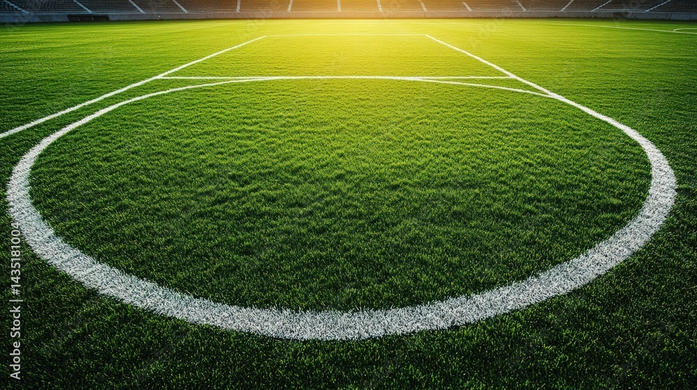 Obraz premium Soccer field center circle at sunset Lush green grass