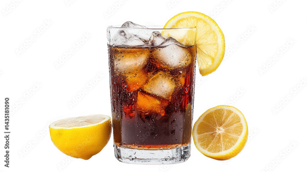 refreshing glass of cola filled with ice cubes and garnished with lemon slices. alongside a halved lemon the drink is visually appealing and suggests a thirst-quenching experience. ideal for warm weat refreshing glass of cola filled with ice cubes and garnished with lemon slices. alongside a halved lemon the drink is visually appealing and suggests a thirst-quenching experience. ideal for warm weat