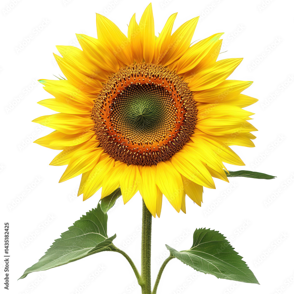 Obraz premium vibrant sunflower with bright yellow petals surrounding a textured brown center. set against a plain white background the flower's green leaves are visible. emphasizing its natural beauty and freshnes