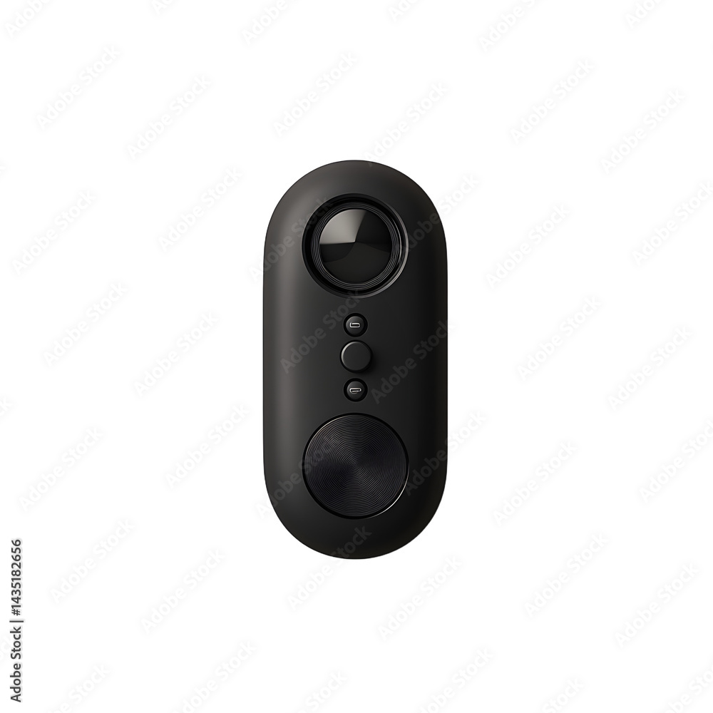 Sleek black remote control device with buttons and a lens, isolated on a clean background, ideal for tech product showcases Sleek black remote control device with buttons and a lens, isolated on a clean background, ideal for tech product showcases
