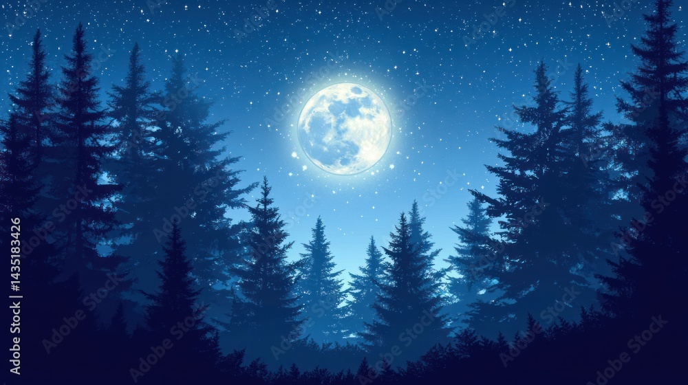 Fototapeta premium Moonlit forest night, starry sky, calm scene, nature backdrop