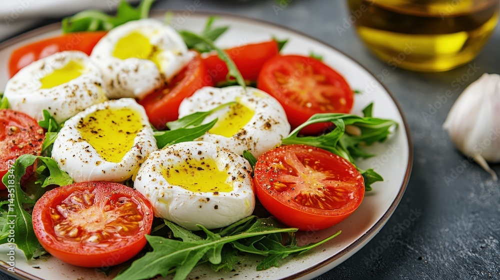 Fresh mozzarella, ripe tomatoes, and arugula drizzled with olive oil create a vibrant and appetizing salad dish. Fresh mozzarella, ripe tomatoes, and arugula drizzled with olive oil create a vibrant and appetizing salad dish.