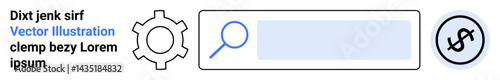 Gear icon, magnifying glass, search bar, and dollar sign icon for navigation, functionality, and finance. Ideal for web design, business tools, data analysis online shopping finance technology