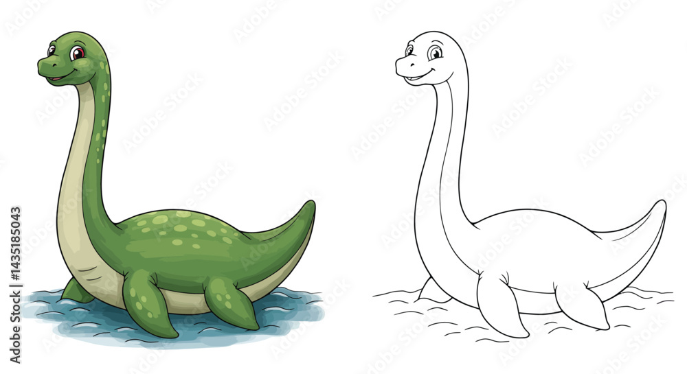 Obraz premium Cute Plesiosaur Coloring Page: A delightful illustration of a friendly Plesiosaur, perfect for coloring pages. The colorful version provides a visual reference.