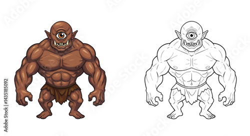 Mythic One-Eyed: A strong cyclops, a creature of legend, stands with a single eye in a meticulously illustrated drawing, embodying power and mythic strength. 