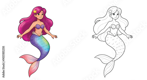 Enchanting Mermaid Duo: A captivating illustration presents a vibrant mermaid character alongside its elegant line art counterpart, showcasing artistic versatility.