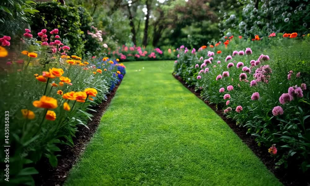 Enchanting Garden Path with Vibrant Flowers and Lush Green Lawn, Peaceful Ambiance Enchanting Garden Path with Vibrant Flowers and Lush Green Lawn, Peaceful Ambiance