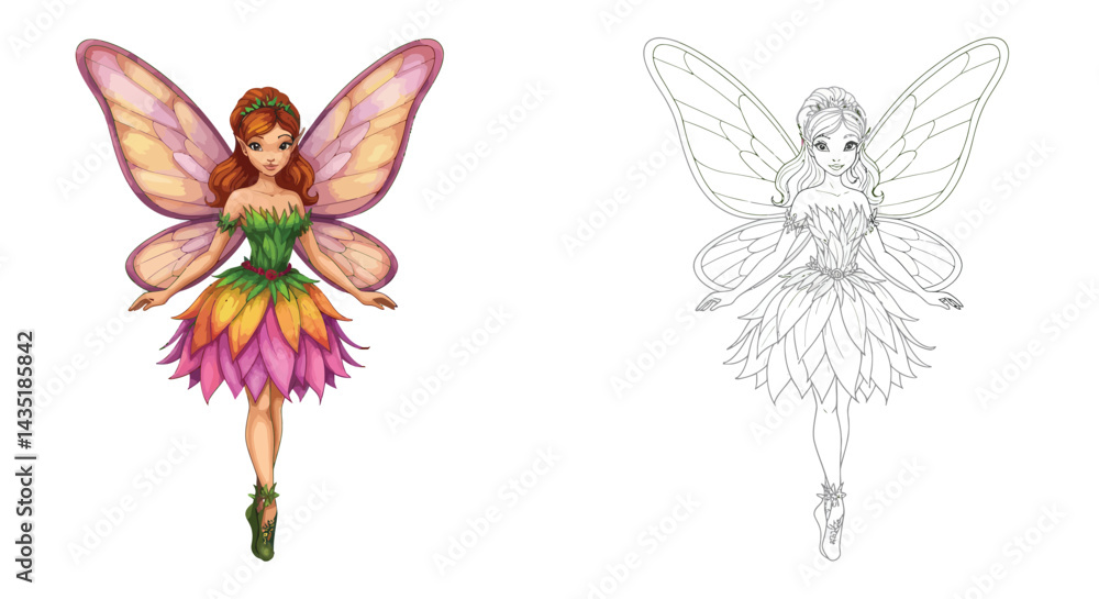 Fairy Illustration: A charming fairy with large butterfly wings and a flower-petal dress, shown in both color and line art versions, perfect for children's books, coloring pages, or fantasy projects. Fairy Illustration: A charming fairy with large butterfly wings and a flower-petal dress, shown in both color and line art versions, perfect for children's books, coloring pages, or fantasy projects.