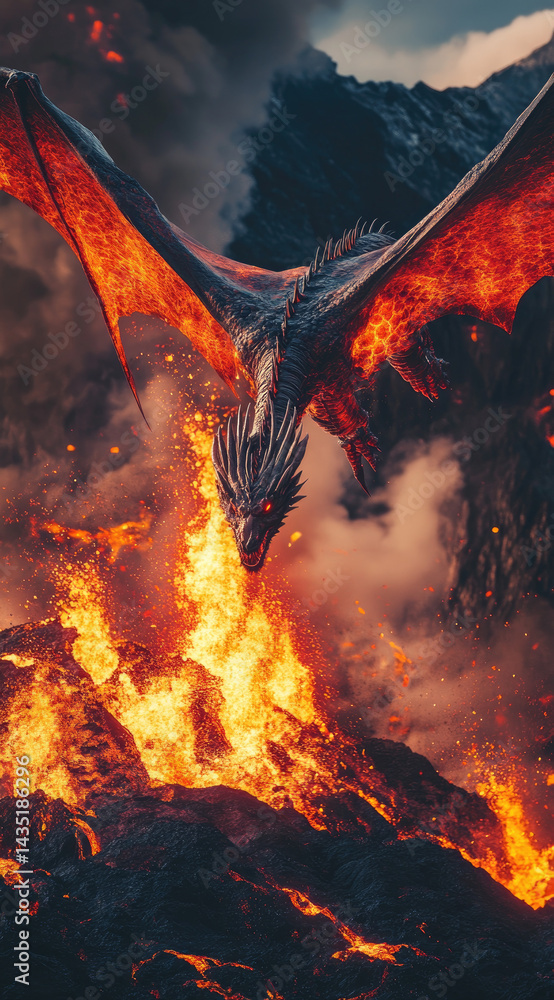 Shimmering dragon with molten red eyes flying over volcanic lands fiery mythical beast perfect for epic fantasy storytelling and dramatic visuals