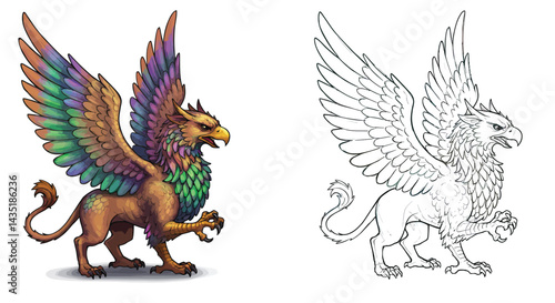 Fantastic Gryphon: A majestic gryphon, half-eagle, half-lion, soars through the sky, its powerful wings outstretched in a moment of effortless flight, embodying a fusion of strength and grace.