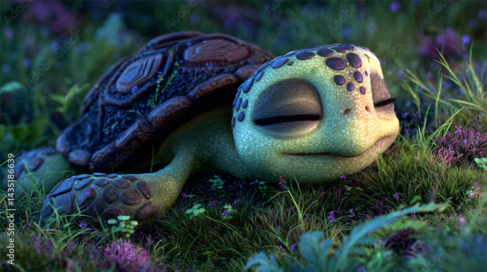 Dreamy Turtle's Serenity: A charming turtle closes its eyes in a meadow setting, exuding peace and calm under soft lighting, revealing a moment of pure tranquility.