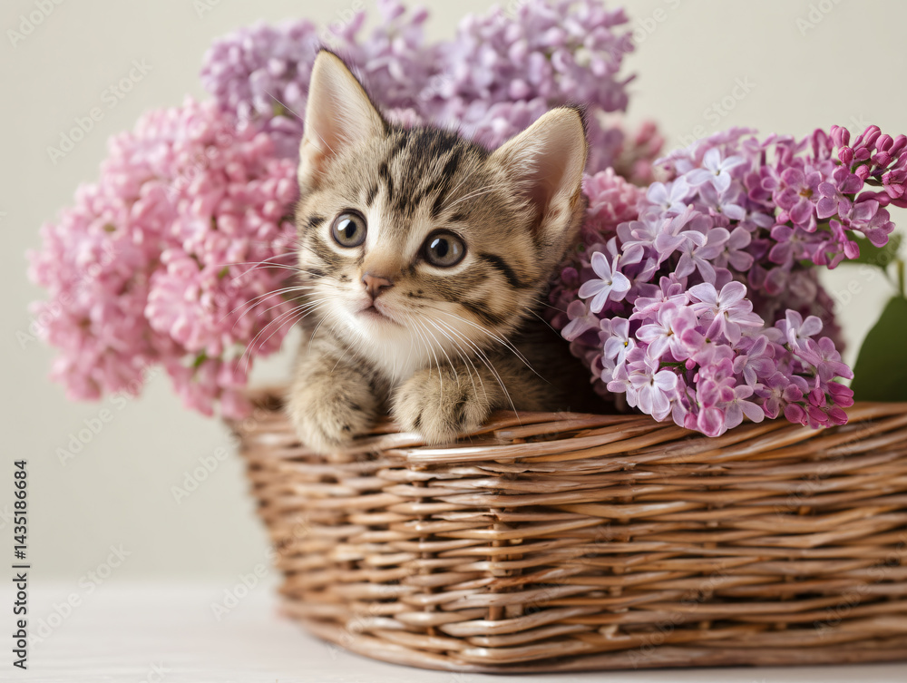 Sweet kitten in a floral basket: A delightful kitten rests gently inside a woven basket amidst vibrant, blossoming flowers, bathed in soft, natural light.