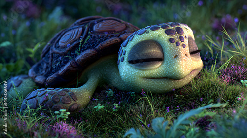 Obraz na płótnie Dreamy Turtle's Serenity: A charming turtle closes its eyes in a meadow setting, exuding peace and calm under soft lighting, revealing a moment of pure tranquility. w salonie