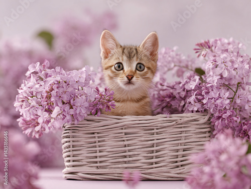 Obraz na płótnie Sweet Whispers: A charming kitten nestled amidst a delicate bed of lilac blooms, conveying peace and purity, with a captivating gaze that melts hearts. w salonie