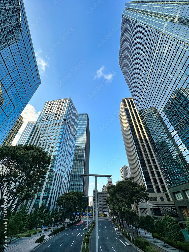 Fototapeta premium 都会の高層マンションと青空と白い雲と緑の植物、昼