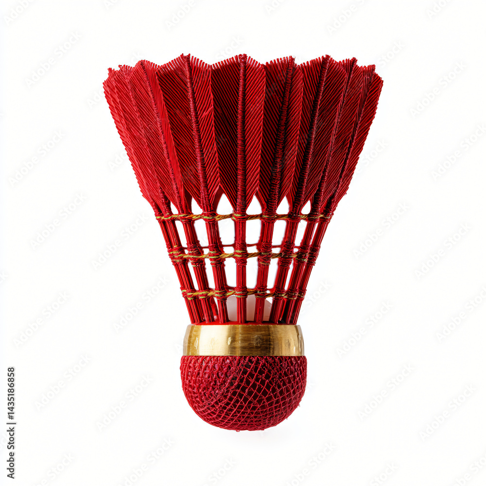 Red Shuttlecock on Display: A vivid, close-up studio shot of a classic red shuttlecock, perfectly poised. Emphasizing the precision and dedication in sports.