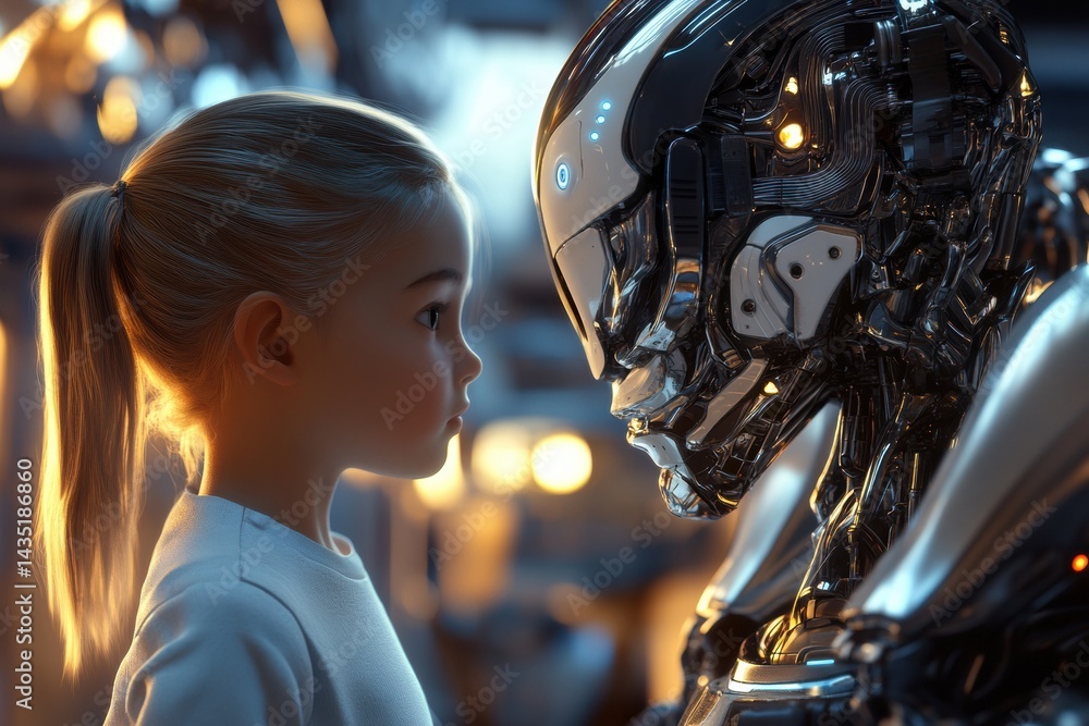 Fototapeta premium Young caucasian girl confronts futuristic robot in thoughtful stare