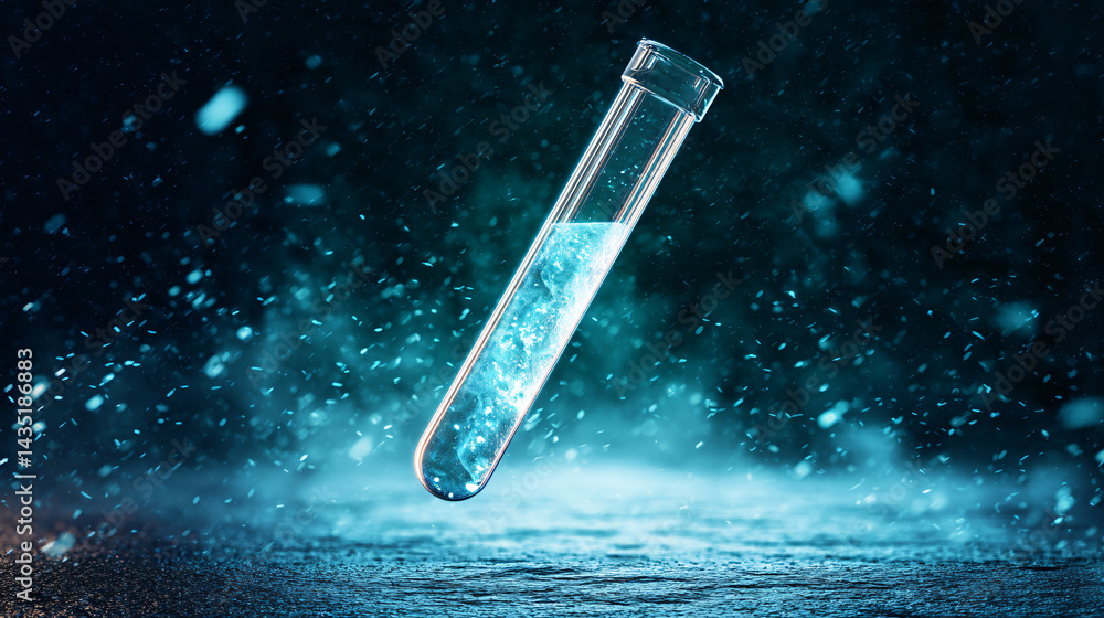 Science Lab: A close-up shot reveals a mesmerizing science lab setting, spotlighting a clear test tube filled with a luminous, bubbling liquid. It symbolizes a scientific discovery.