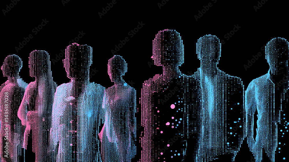 Digital Assemblage of Silhouetted Figures: A mesmerizing, digital artistry piece presents an array of human figures, their forms defined by an interplay of light and shadow.