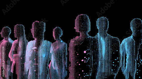 Obraz na płótnie Digital Assemblage of Silhouetted Figures: A mesmerizing, digital artistry piece presents an array of human figures, their forms defined by an interplay of light and shadow. w salonie