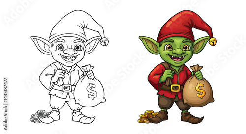 Digital illustration: Goblin with coin bag cartoon character, carrying a money bag, a symbol of wealth and prosperity