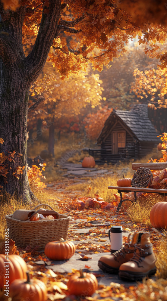3D cartoon autumn forest scene with pumpkins and fallen leaves colorful seasonal beauty perfect for cozy fall adventures and festive themes