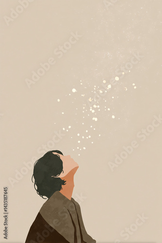 Dreaming Under Stardust: A silhouette of a figure gazes upwards, their head tilted back in awe and wonder as they watch sparkling stardust.