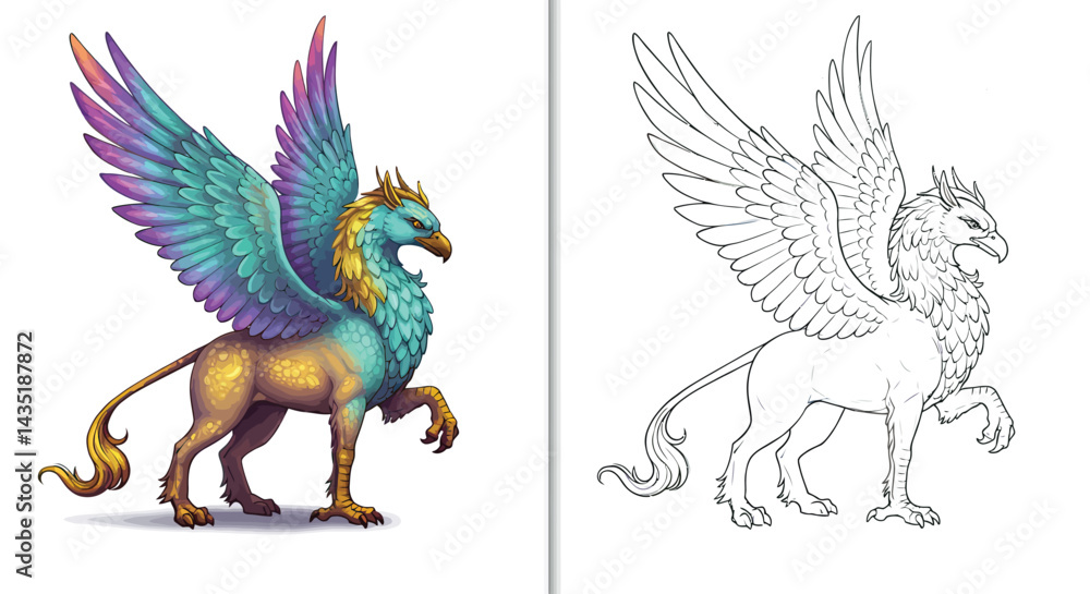 Obraz premium Mythical Griffin Illustration: A majestic griffin, part eagle and part lion, rendered in vibrant colors, stands proudly. A companion line drawing offers a classic look.