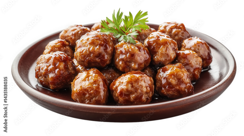 plate of meatballs glazed with a savory sauce. garnished with a sprig of parsley the meatballs are round and appear tender. served in a dark. round dish that enhances their appetizing appearance the p plate of meatballs glazed with a savory sauce. garnished with a sprig of parsley the meatballs are round and appear tender. served in a dark. round dish that enhances their appetizing appearance the p