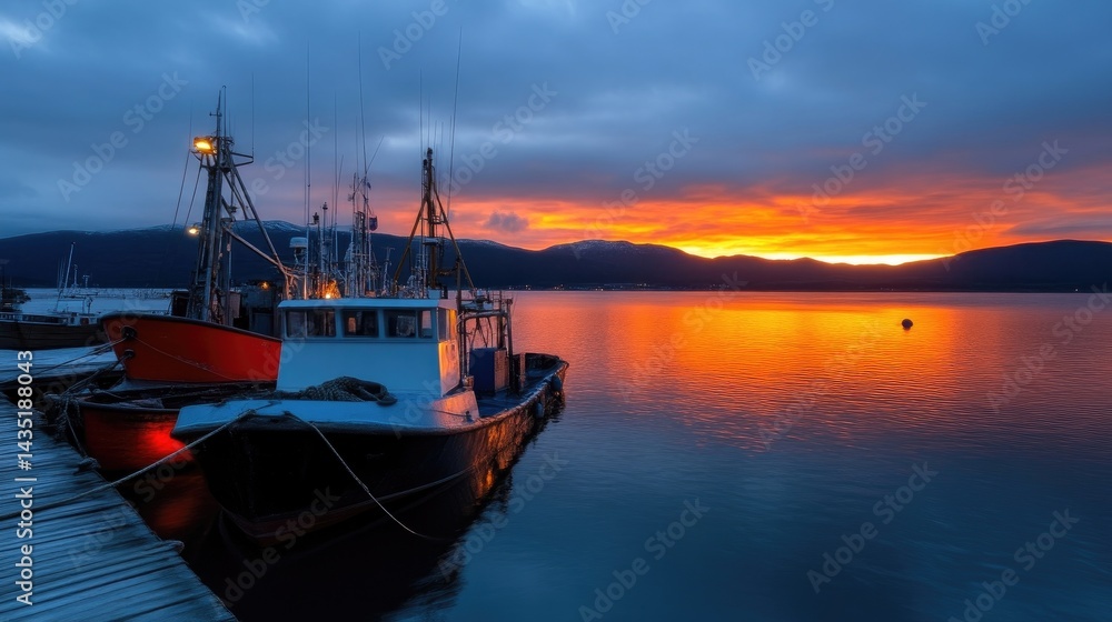 Fishing boats at dawn, moored at a dock. Calm waters reflect a vibrant sunrise Fishing boats at dawn, moored at a dock. Calm waters reflect a vibrant sunrise