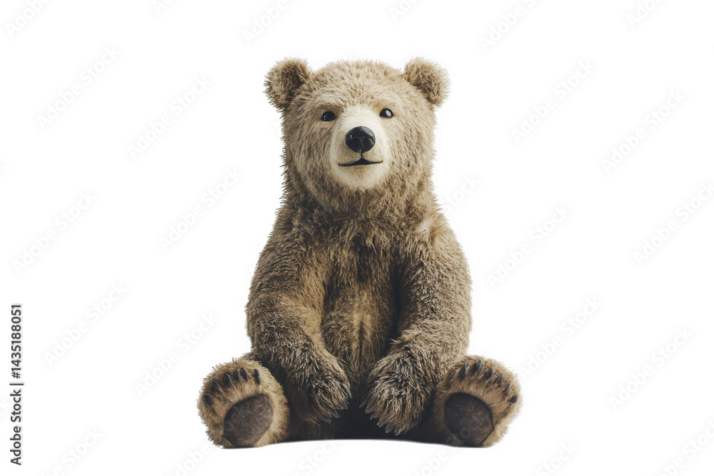 realistic. plush bear sitting upright against a plain white background its fur is detailed. showcasing a lifelike texture. while its expression is calm and friendly this depiction serves as a charming realistic. plush bear sitting upright against a plain white background its fur is detailed. showcasing a lifelike texture. while its expression is calm and friendly this depiction serves as a charming