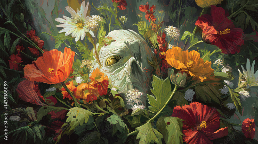Skull Surrounded by Blooming Floral: An eye-level perspective presents a serene yet thought-provoking composition, with a stark skull enveloped by vibrant blossoms.