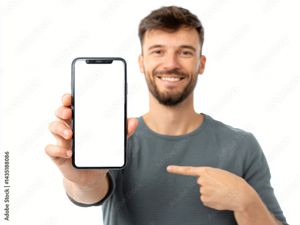 Man holding cellphone: A smiling man presents a blank cellphone screen, inviting viewers to engage with a modern device's technology.