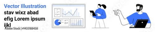 Team reviewing analytics on digital screen, colleague with tablet, another working on laptop. Ideal for teamwork, analytics, business, collaboration, presentations, planning flat landing page banner