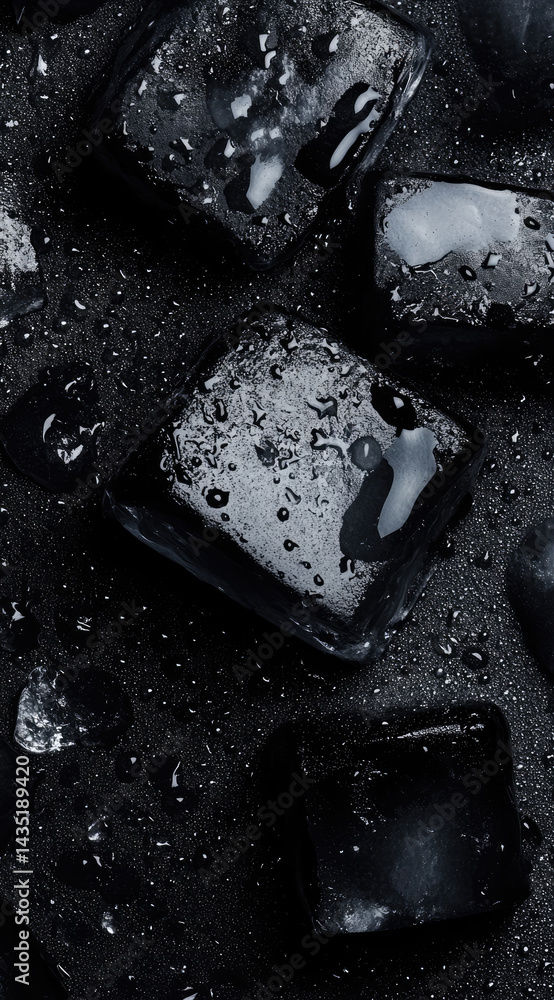 Black ice cubes with charcoal and water droplets close-up modern cooling elegance perfect for bold beverages and luxury drink photography