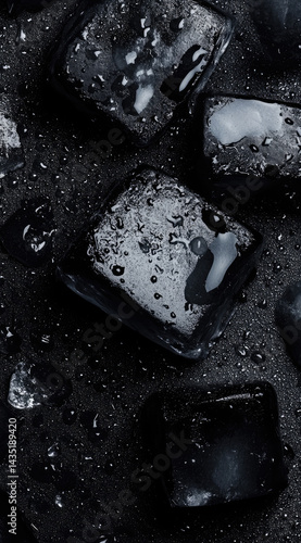 Obraz na płótnie Black ice cubes with charcoal and water droplets close-up modern cooling elegance perfect for bold beverages and luxury drink photography w salonie