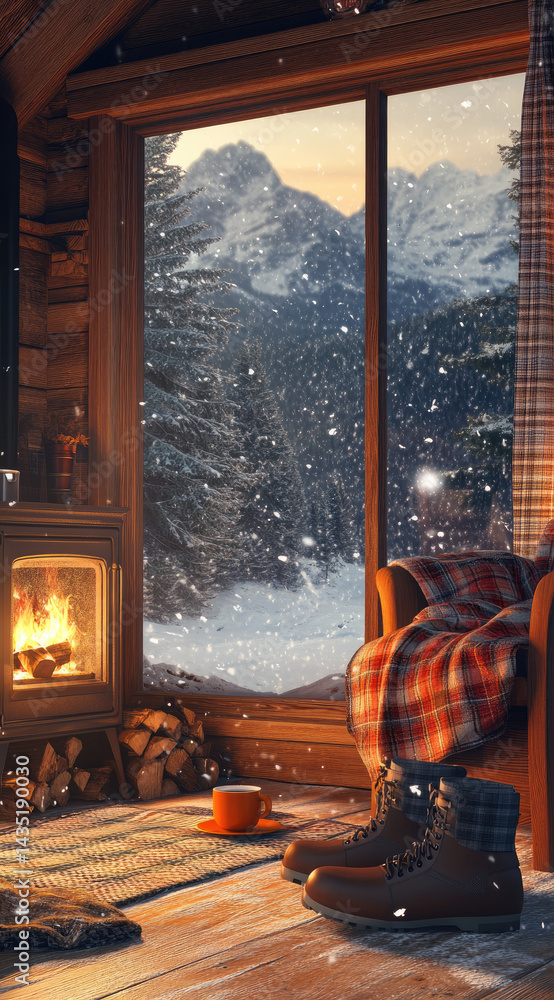 3D cartoon cozy mountain cabin scene with firewood and snowy backdrop warm winter retreat perfect for holiday adventures and rustic lifestyles