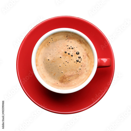 Top-View Close-up of a Steaming Coffee Cup in a Vibrant Red Mug on a Clean Background