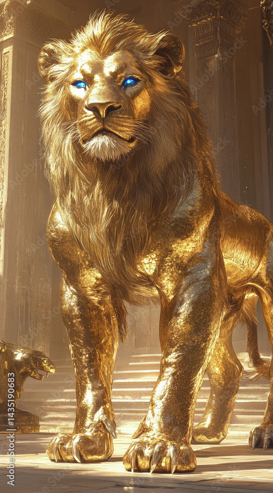 Golden lion with piercing blue eyes standing in golden grassland majestic wild king perfect for fantasy savanna and wildlife adventure themes