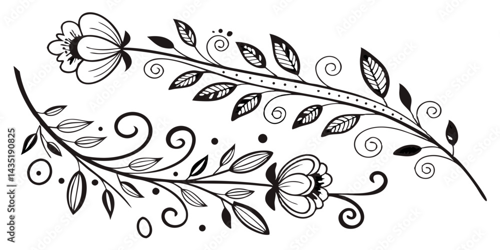 Fototapeta premium A black and white drawing of a flower and leaf design.