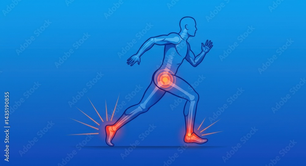 Obraz premium Anatomical running man with joint pain, glowing red spots on hip and ankle joints, medical illustration of sports injury on blue background