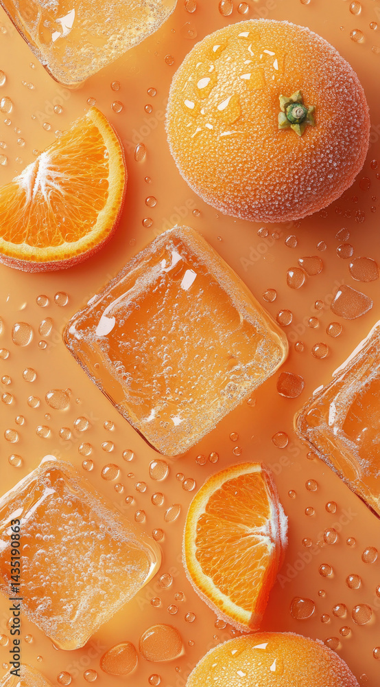 Orange ice cubes with tangerine slices and condensation close-up zesty refreshing coolness perfect for bright tropical summer drinks