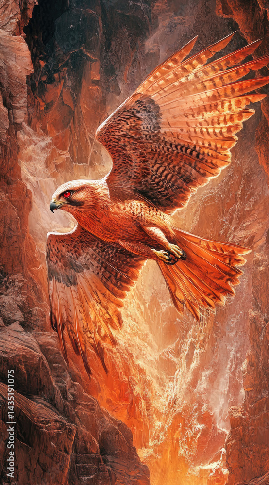 Glowing falcon with ruby red eyes flying above mountains fierce majestic beauty perfect for fantasy wildlife and inspirational adventure scenes