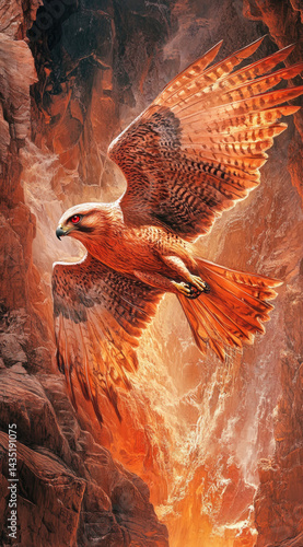 Obraz na płótnie Glowing falcon with ruby red eyes flying above mountains fierce majestic beauty perfect for fantasy wildlife and inspirational adventure scenes w salonie
