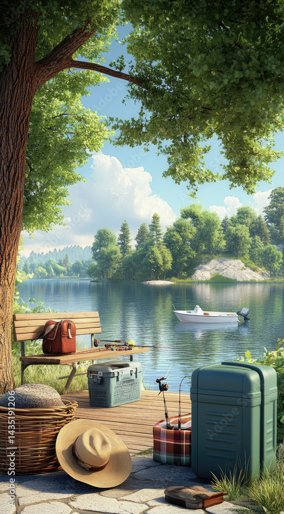 3D cartoon lakeside fishing scene with rods and tackle cozy outdoor relaxation perfect for nature lovers and family adventure visuals
