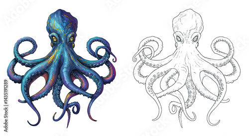 Vivid Octopus: An artistic rendering of an octopus, showcasing its intricate features, color variations, and surreal tentacles.