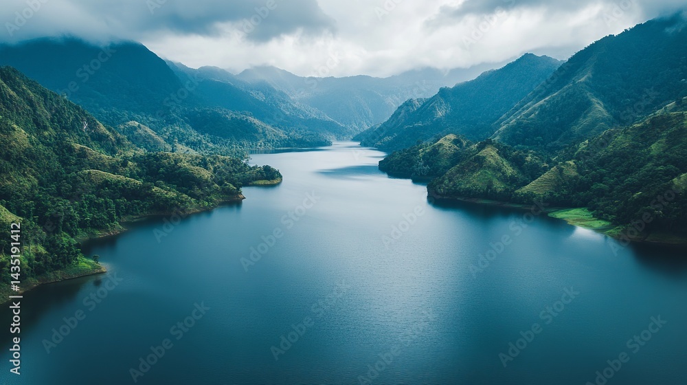 Obraz premium Serene mountain lake landscape with lush green hills and blue waters sky eco view calm trees river