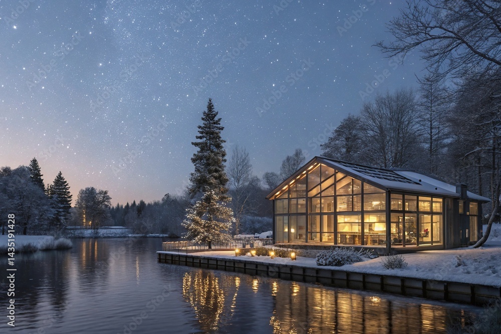 Fototapeta premium Cozy Modern Glass Cabin by the Lake at Night During Winter with Starry Sky
